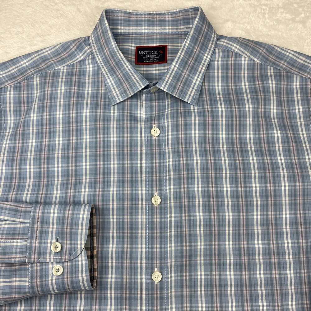UNTUCKit Dress Shirt Men's Medium Pink/Blue‎ Plaid Slim Fit Wrinkle Free